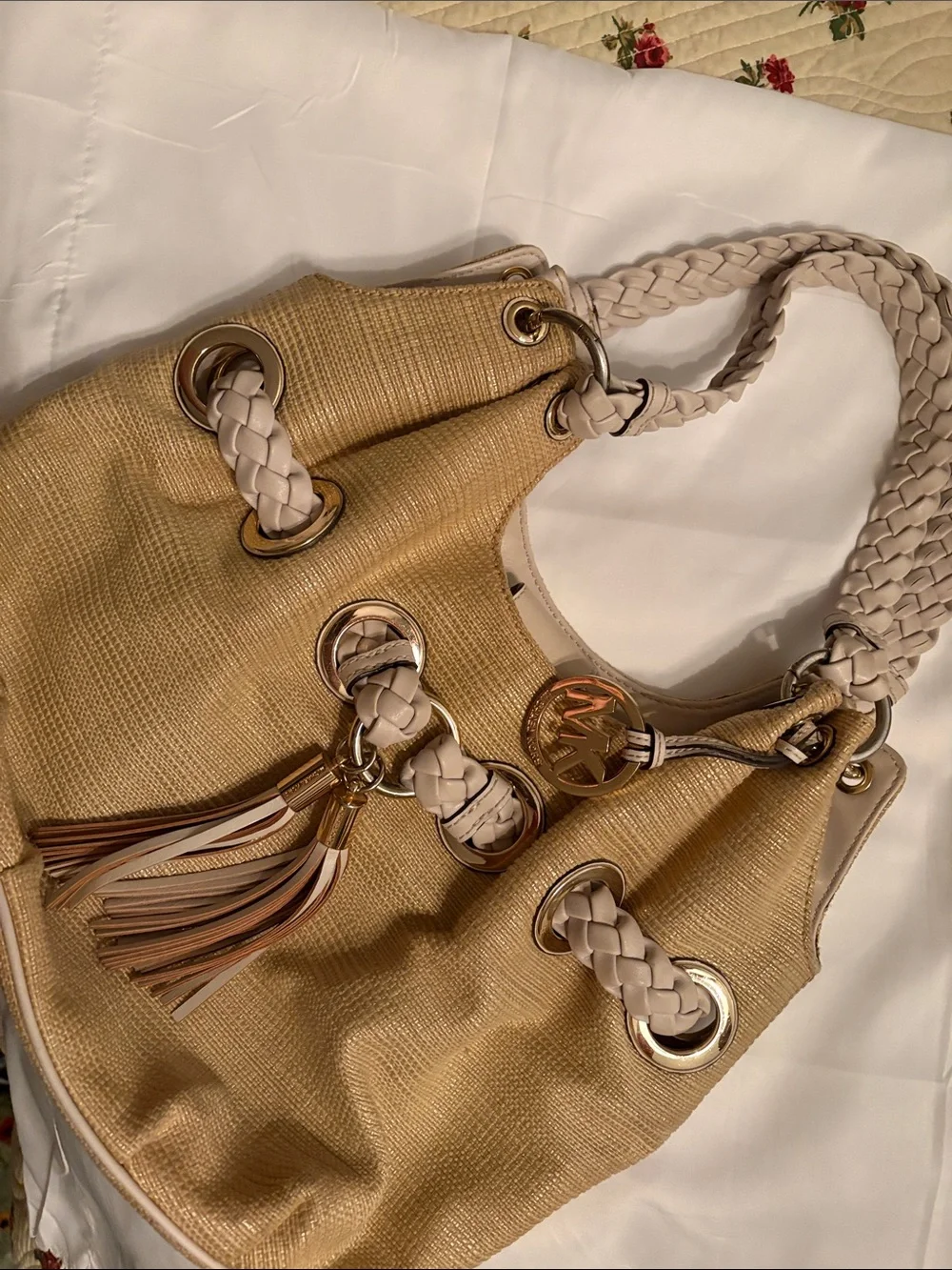 Michael Kors Gold Tote with Cream Braided Handles and Tassel Charm